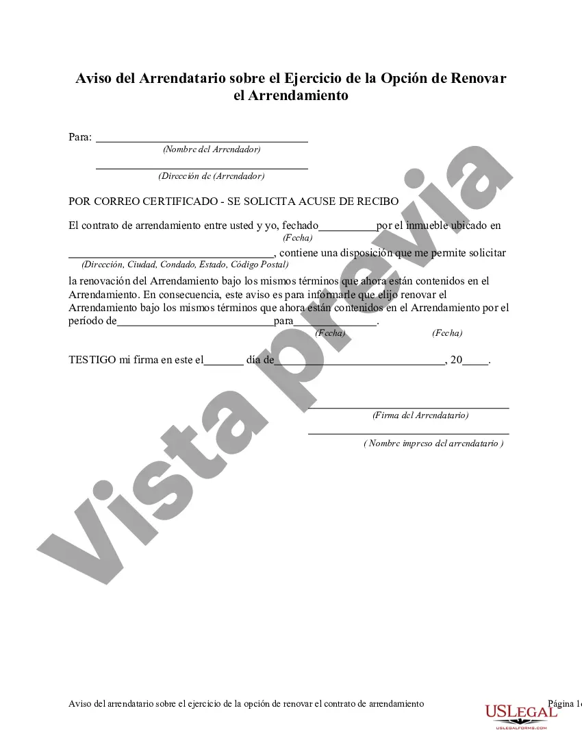 Preview Aviso del arrendatario al arrendador sobre el ejercicio de la opción de renovar el arrendamiento
