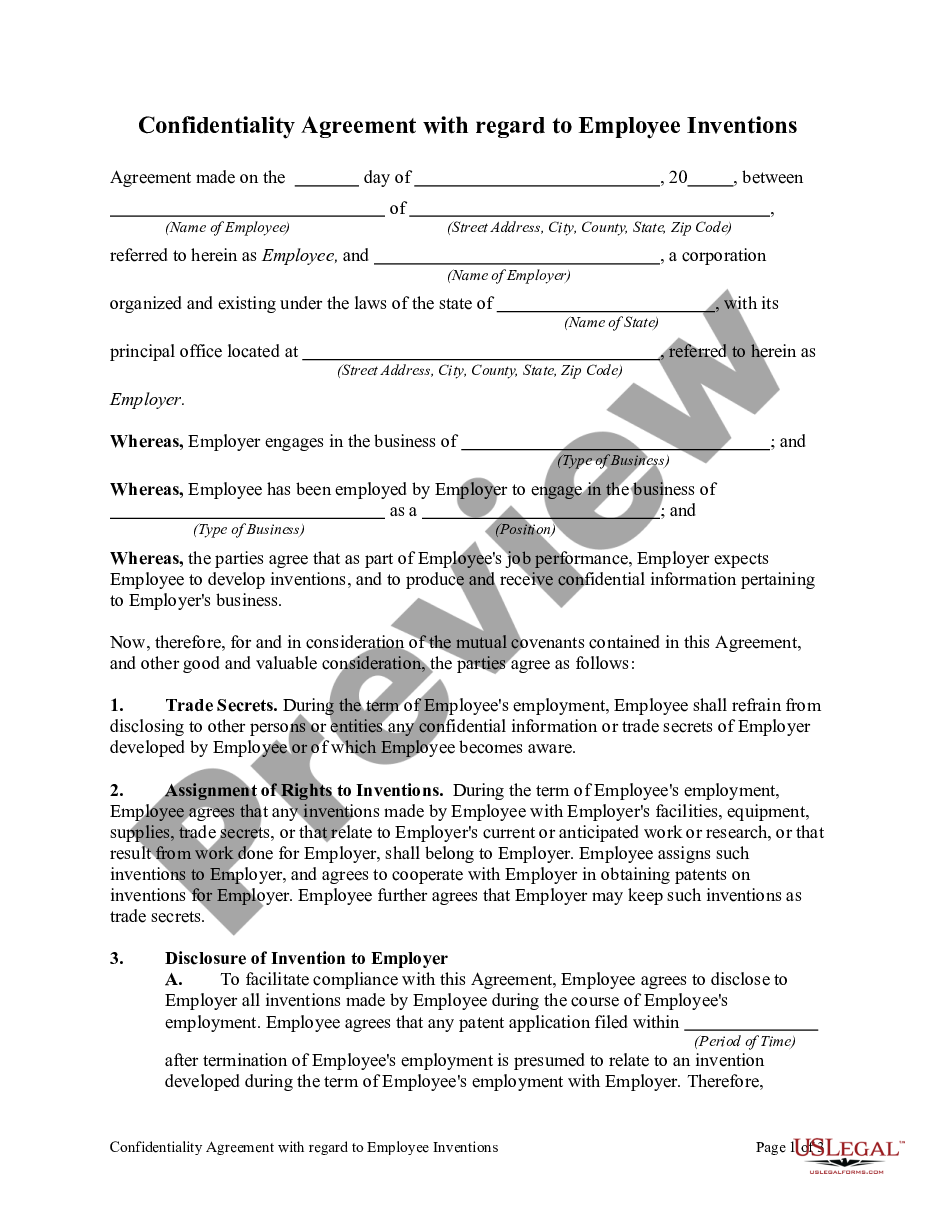 page 0 Confidentiality Agreement with Regard to Employee Inventions preview