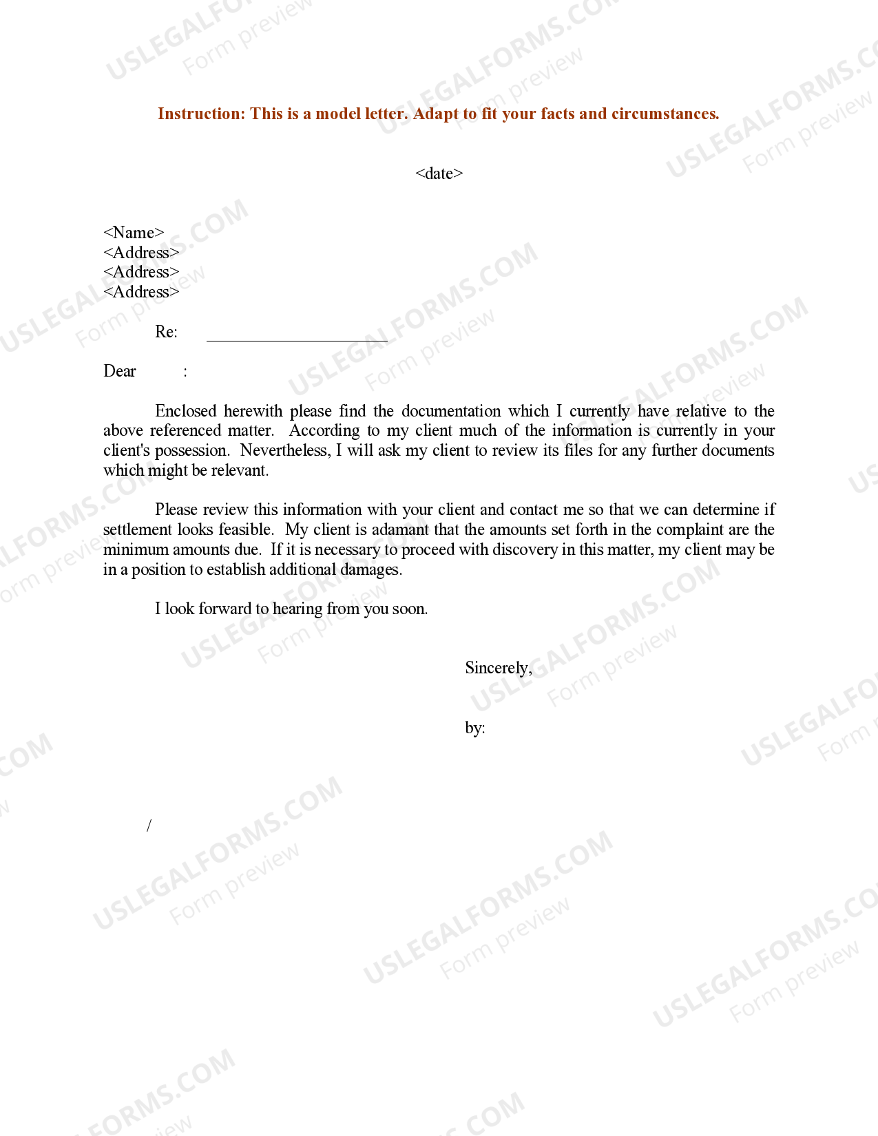 Franklin Ohio Sample Letter for Inquiry into Feasibility of Settlement ...