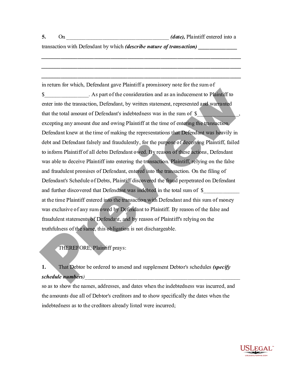 page 1 Complaint Objecting to Discharge by Bankruptcy Court on the Grounds that Transaction was Induced by Fraud Regarding preview