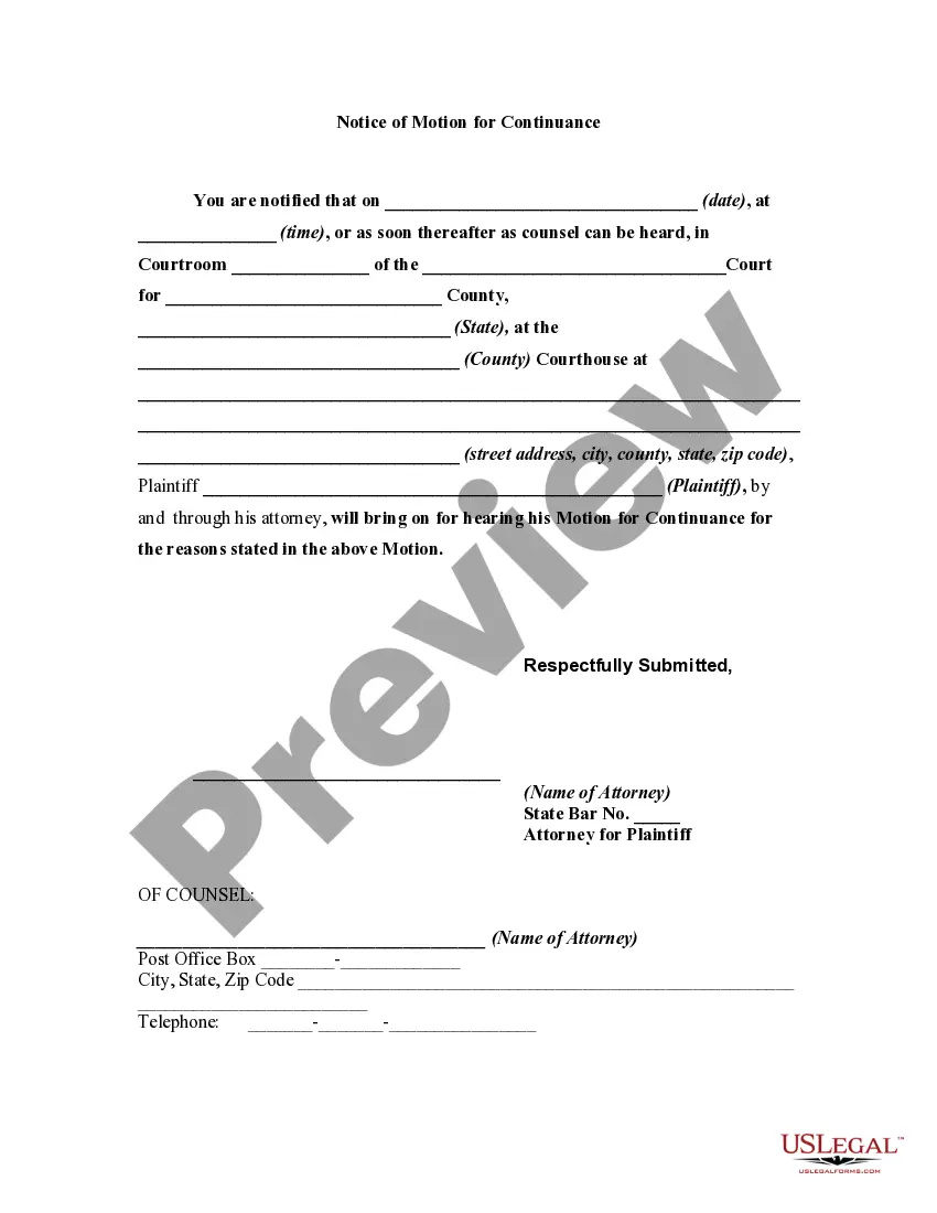 Preview Motion for Continuance Due to Absence of Witness and Notice of Motion