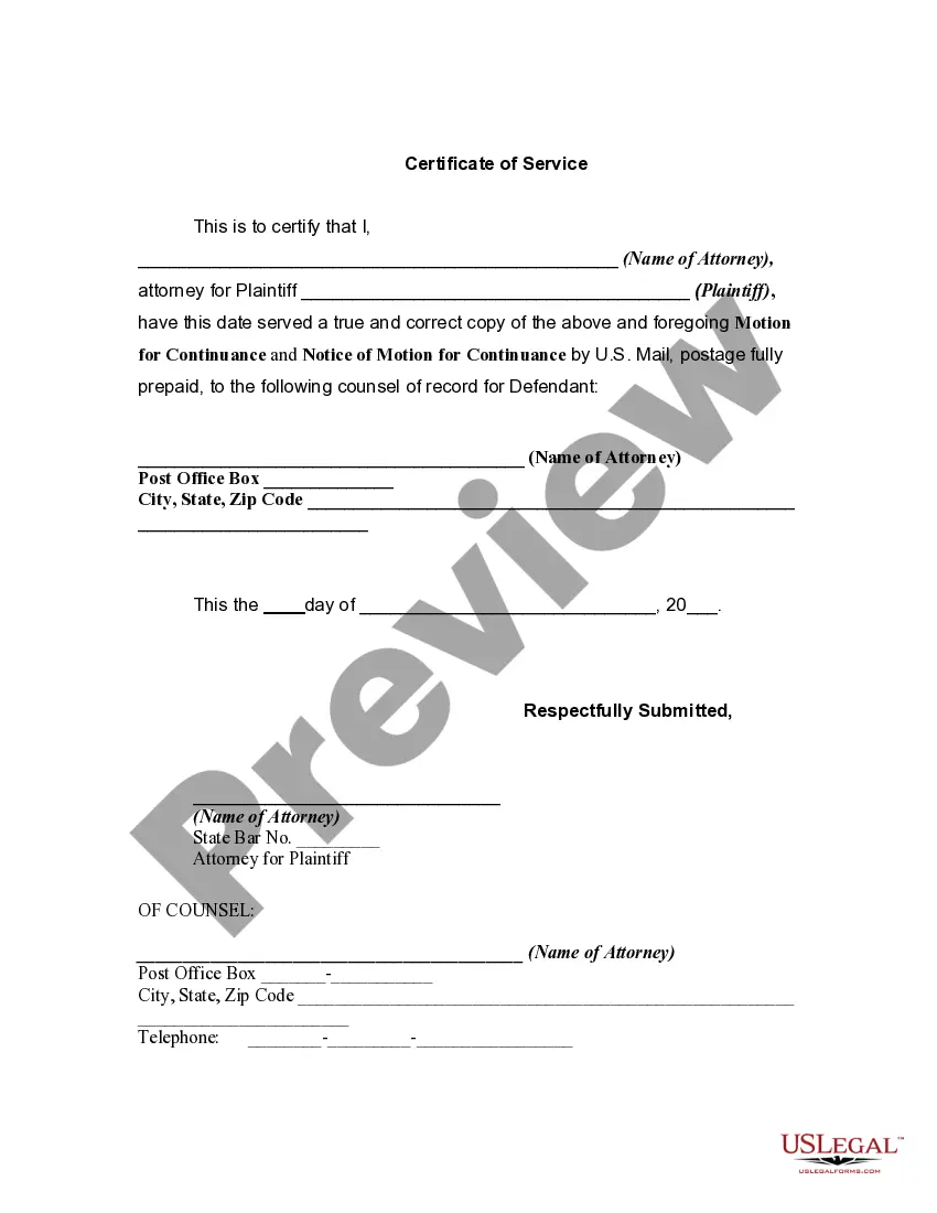 Preview Motion for Continuance Due to Absence of Witness and Notice of Motion