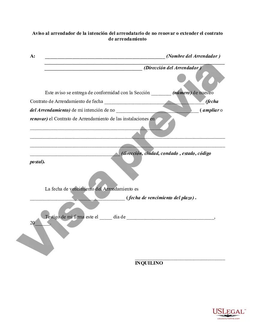 Preview Aviso al arrendador de la intención del arrendatario de no renovar o extender el contrato de arrendamiento: no renovación o no renovación