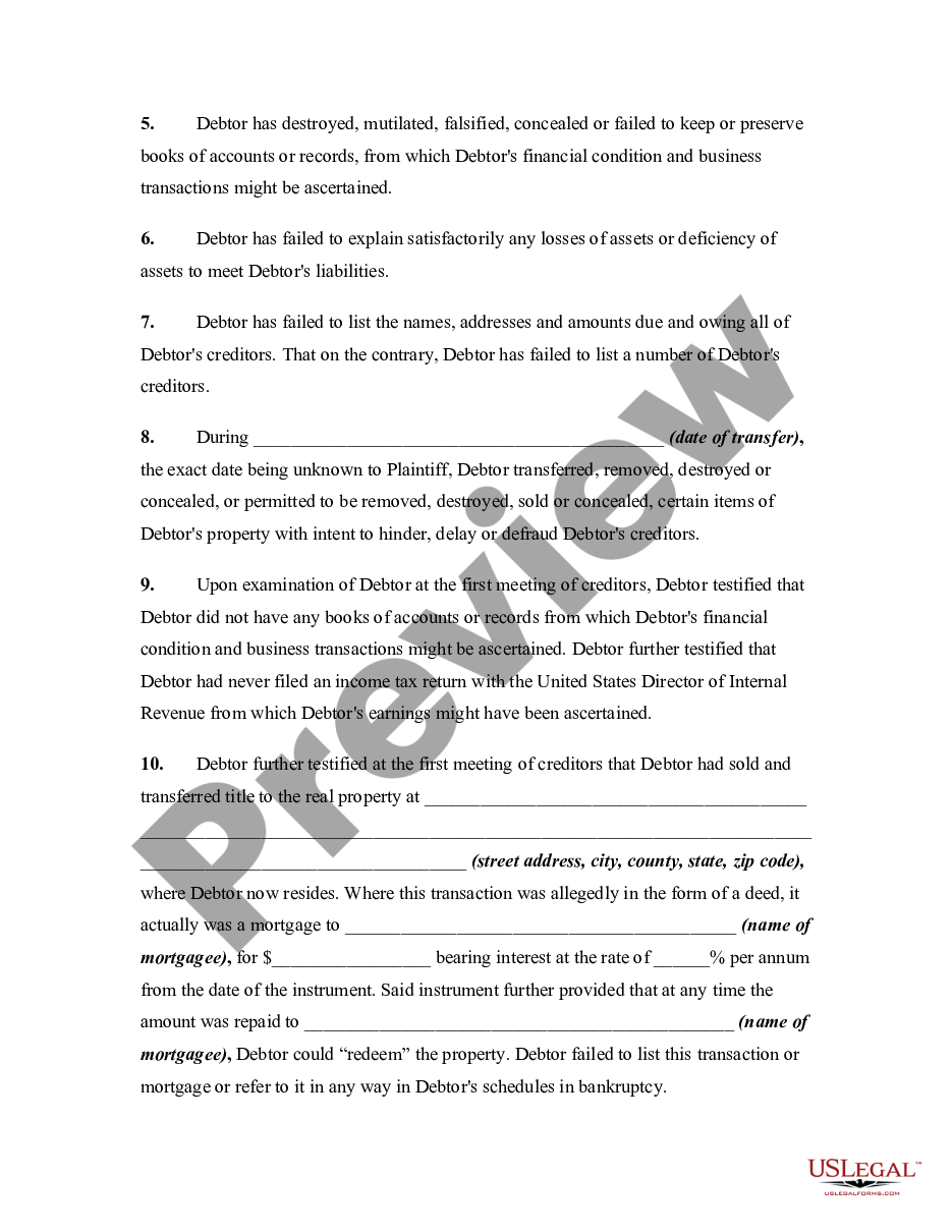page 1 Complaint Objecting to Discharge in Bankruptcy Proceeding for Failure to Keep or Preserve Books or Records that Explains preview