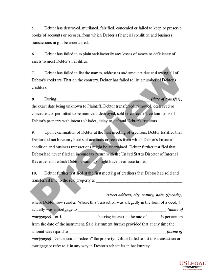 Get Complaint Objecting to Discharge in Bankruptcy Proceeding for Failure to Keep or Preserve Books or Records that Explains Loss or Deficiency in Assets, Preview Complaint Objecting to Discharge in Bankruptcy Proceeding for Failure to Keep or Preserve Books or Records that Explains Loss or Deficiency in Assets,