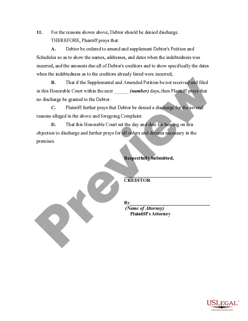 Get Complaint Objecting to Discharge in Bankruptcy Proceeding for Failure to Keep or Preserve Books or Records that Explains Loss or Deficiency in Assets, Preview Complaint Objecting to Discharge in Bankruptcy Proceeding for Failure to Keep or Preserve Books or Records that Explains Loss or Deficiency in Assets,