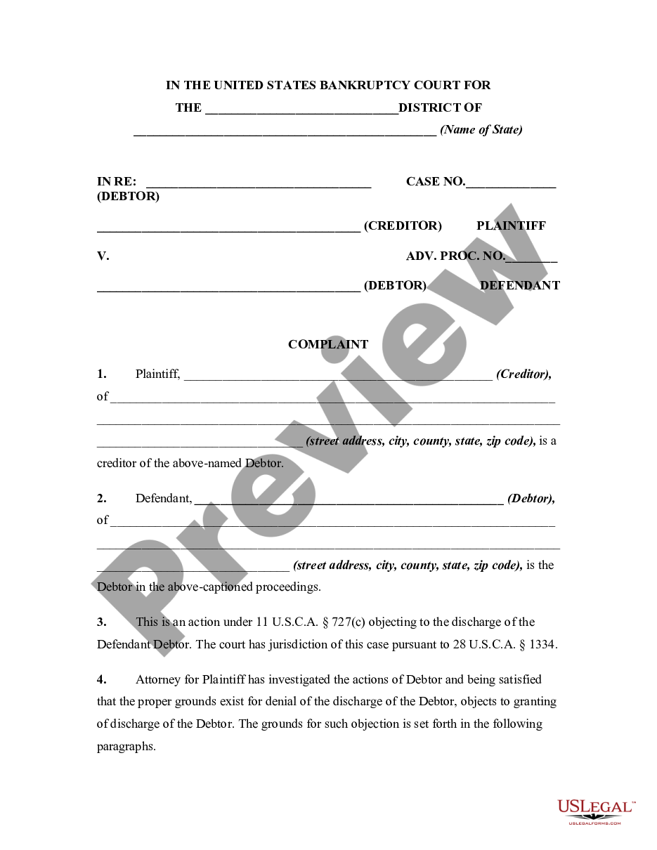 page 0 Complaint Objecting to Discharge in Bankruptcy Proceeding for Transfer, Removal, Destruction, or Concealment of Property preview