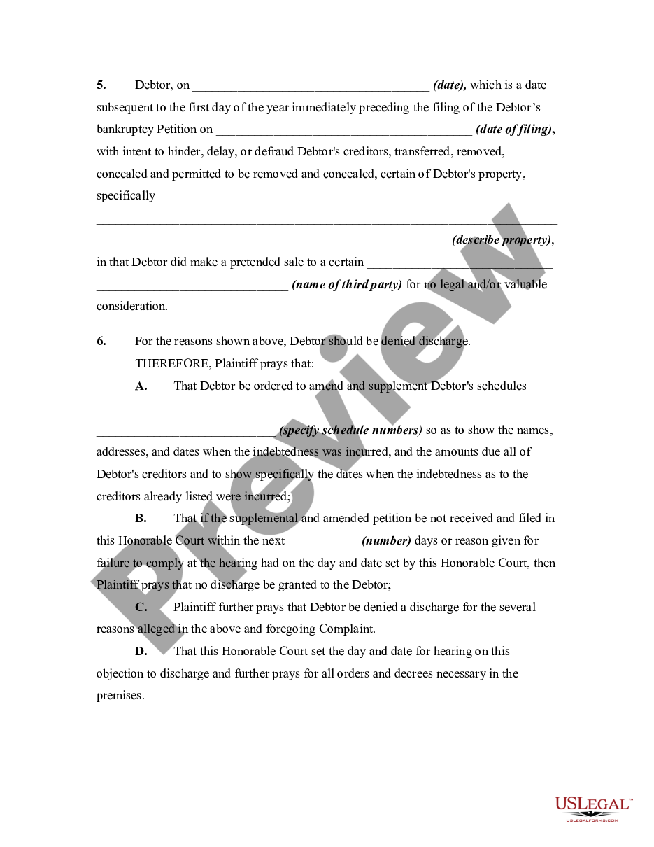 page 1 Complaint Objecting to Discharge in Bankruptcy Proceeding for Transfer, Removal, Destruction, or Concealment of Property preview