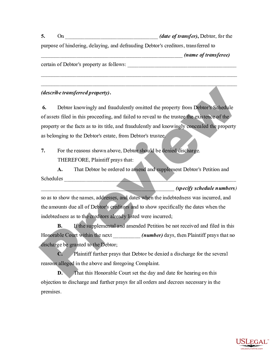 page 1 Complaint Objecting to Discharge in Bankruptcy Proceedings for Concealment by Debtor and Omitting from Schedules preview