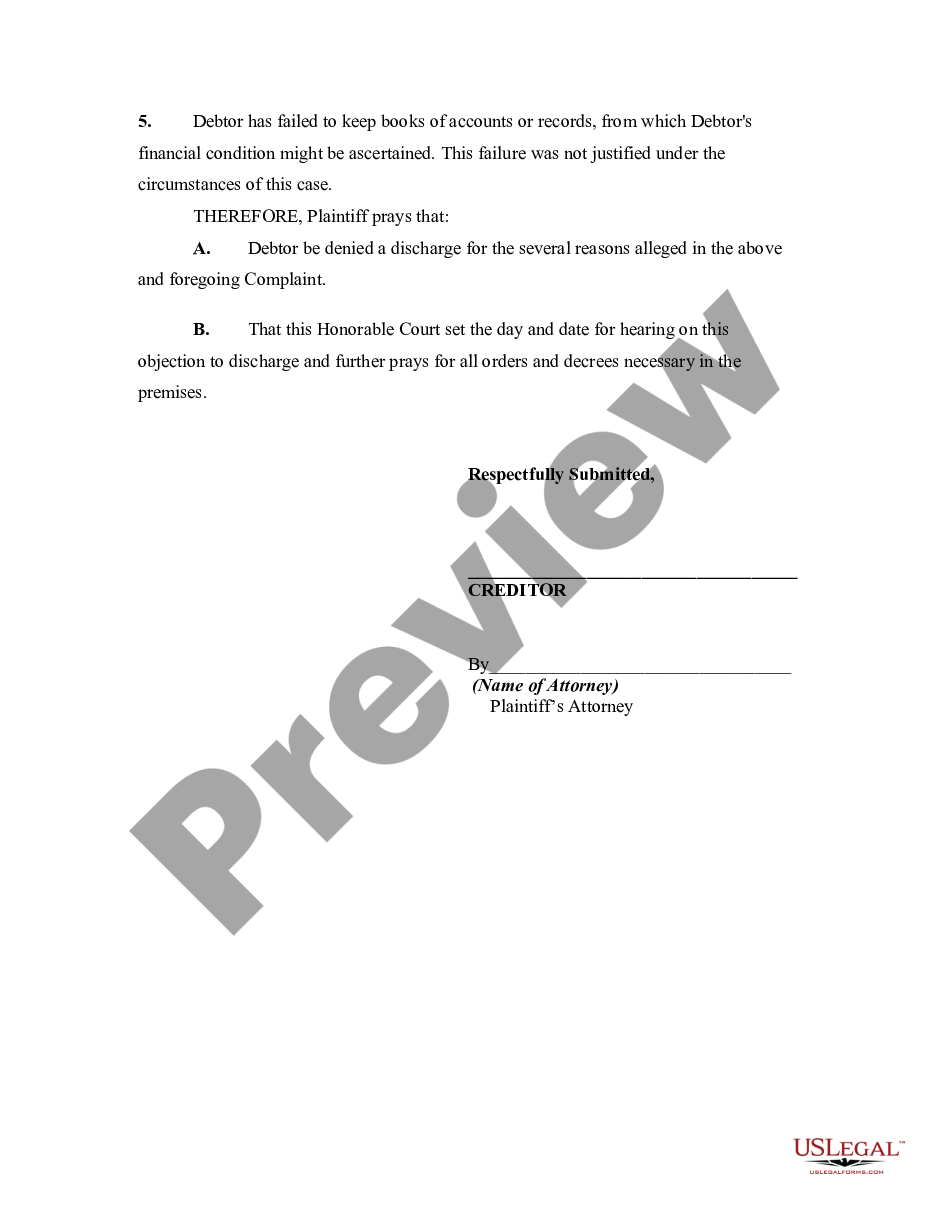 page 1 Complaint Objecting to Discharge or Debtor in Bankruptcy Proceeding for Failure to Keep Books and Records preview