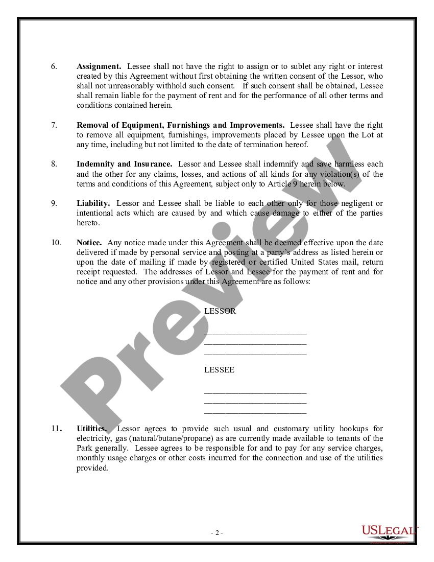 Lease Lot for Mobile Home Rv Lot Rental Agreement US Legal Forms