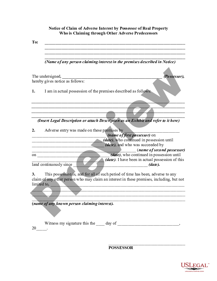 Connecticut Notice Of Claim Of Adverse Interest By Possessor Of Real Property Who Is Claiming 6819