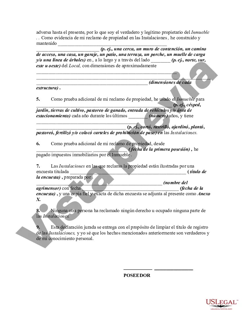 Preview Declaración jurada del poseedor adverso de que la propiedad se mantiene de manera adversa y el reclamo de título se basa en la concesión de propiedad del propietario anterior: derechos de los ocupantes ilegales