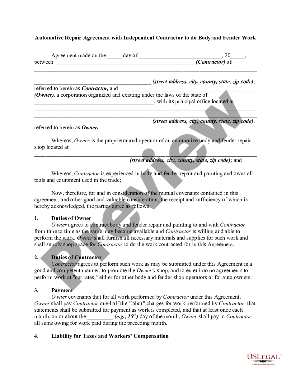 Automotive Repair Agreement With Self Independent Contractor Agreement Auto Mechanic Us Legal Forms