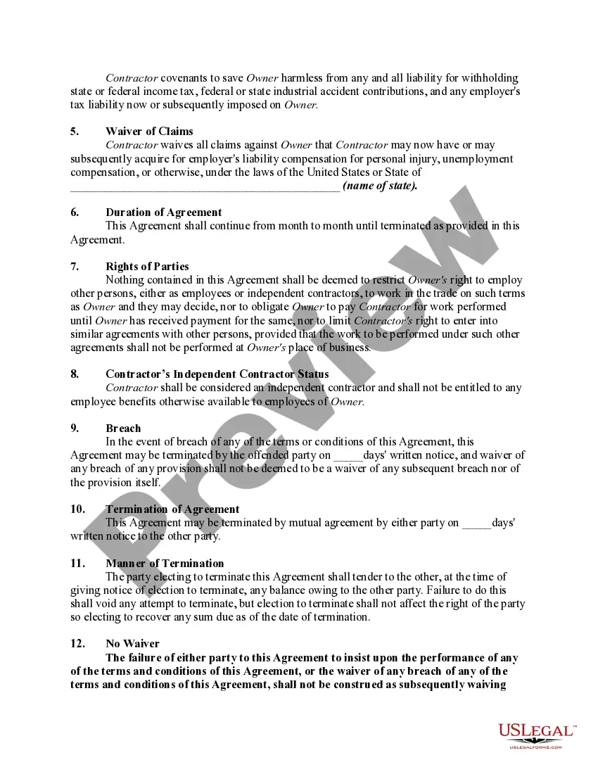 Preview Automotive Repair Agreement with Self-Employed Independent Contractor to do Body and Fender Work