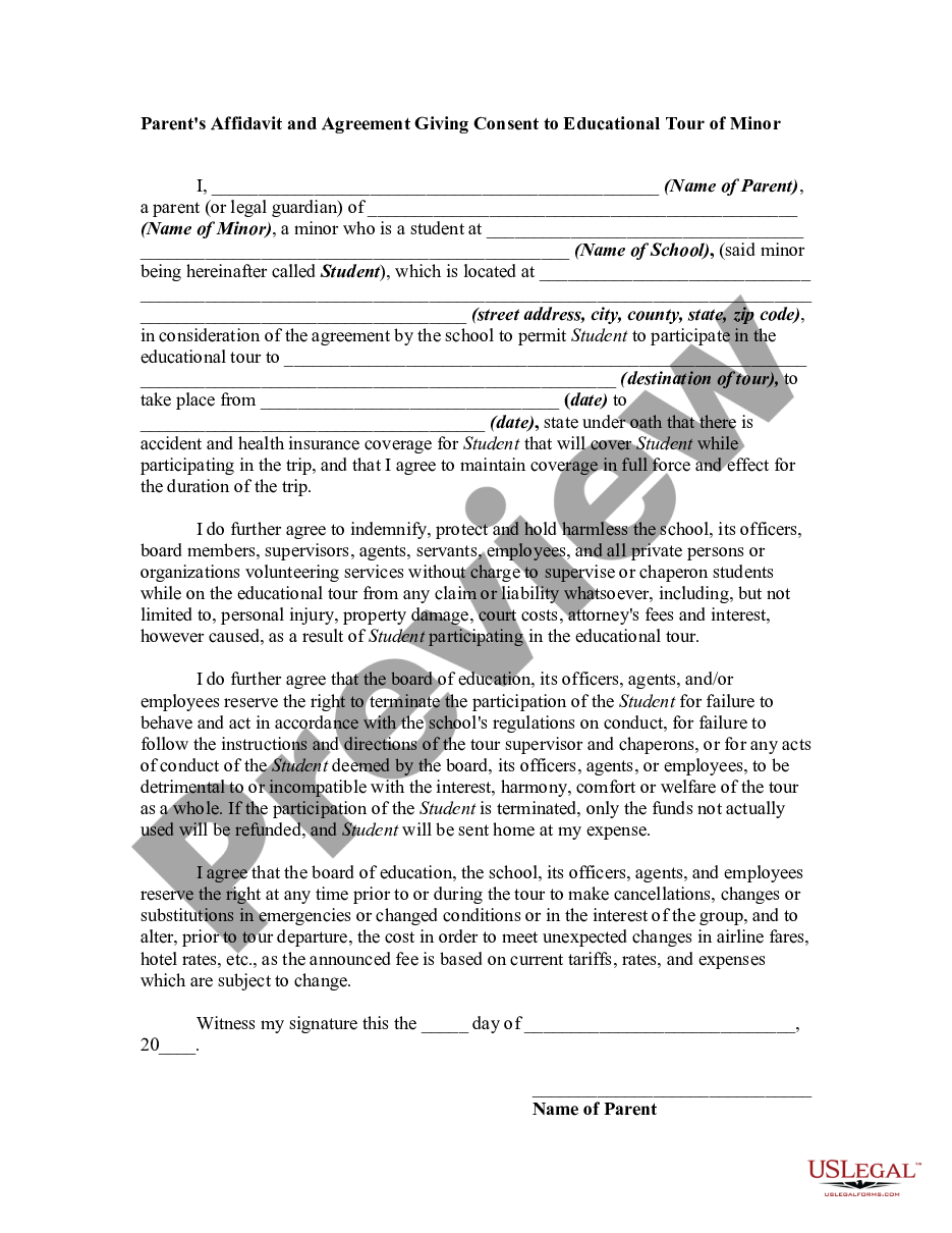 page 0 Parent's Affidavit and Agreement Giving Consent to Educational Tour of Minor preview
