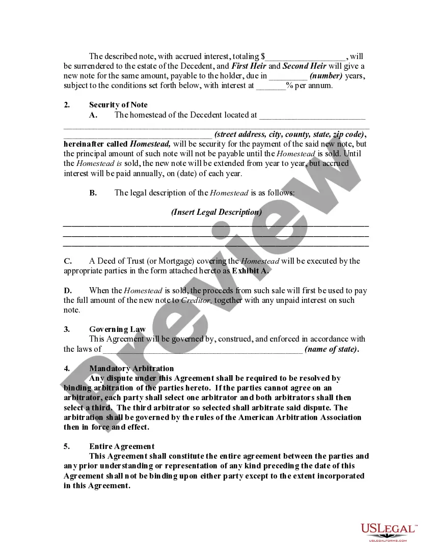 Get Agreement By Heirs to Substitute New Note for Note of Decedent Preview Agreement By Heirs to Substitute New Note for Note of Decedent
