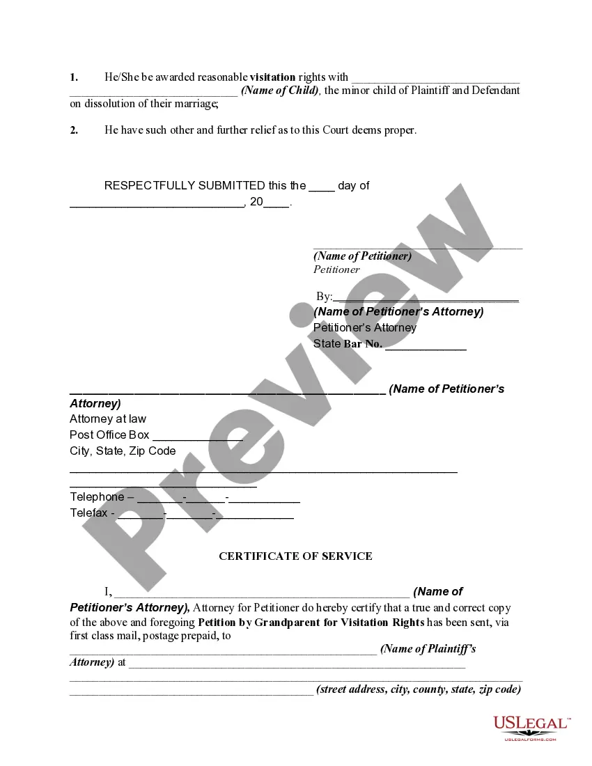 Preview Petition by Grandparent for Visitation Rights With Minor Grandchild on Dissolution of the Marriage of the Parents of Minor Child
