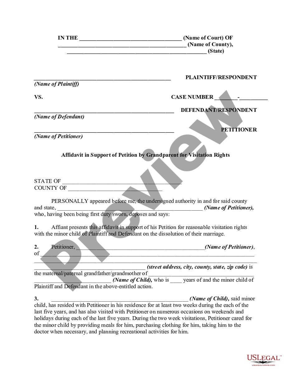 page 0 Affidavit by Grandparents in Support of Petition by Grandparents for Visitation Rights With The Minor Grandchild on Dissolution of the Marriage of the Parents of Minor Child preview