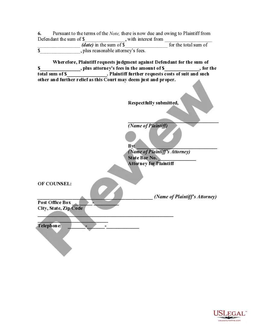 Get Complaint for Past Due Promissory Note Preview Complaint for Past Due Promissory Note