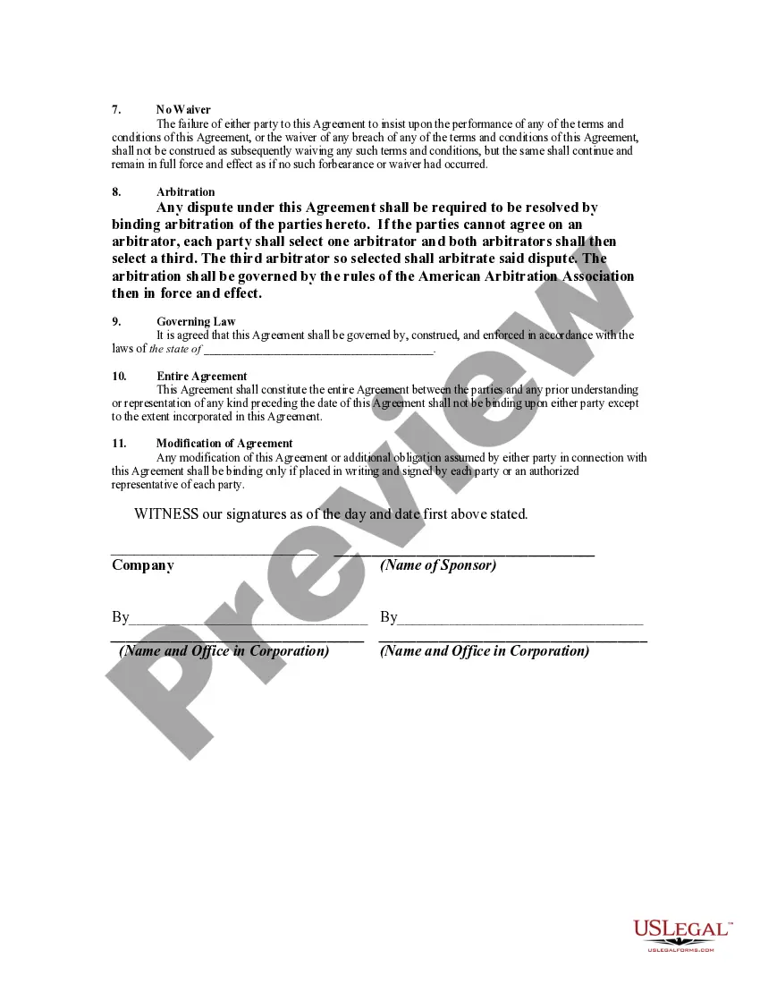 Get Agreement to Sponsor Entertainment Event Preview Agreement to Sponsor Entertainment Event