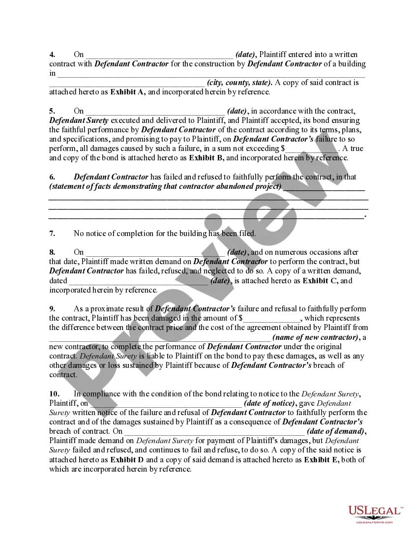 Preview Complaint Against Contractor and Surety for Abandonment of Construction Project