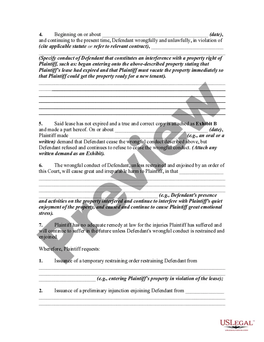 Get Complaint or Petition for Temporary Restraining Order and Injunction to Enjoin Interference with Property Right Preview Complaint or Petition for Temporary Restraining Order and Injunction to Enjoin Interference with Property Right