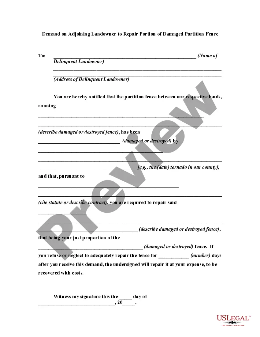 Preview Demand on Adjoining Landowner to Repair Portion of Damaged Partition Fence