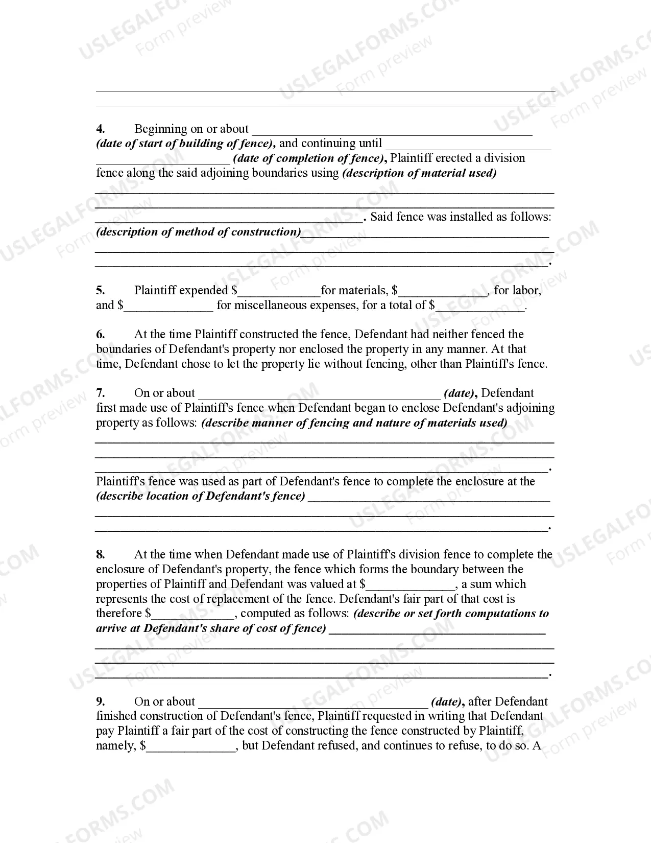 Preview Complaint Against Adjoining Landowner to Recover Proportionate Share of Cost of Construction of Fence