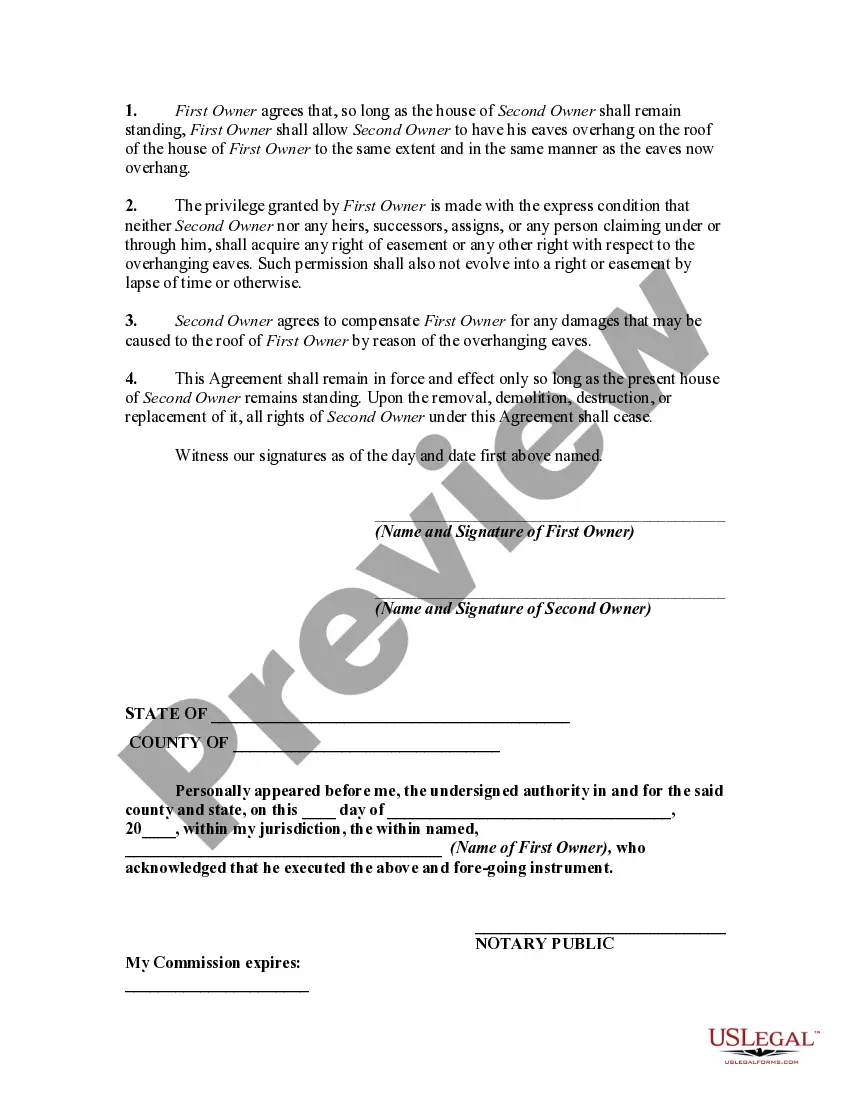Get Agreement Between Adjoining Landowners Regarding Overhanging Eaves Preview Agreement Between Adjoining Landowners Regarding Overhanging Eaves