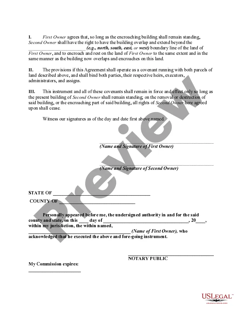 Get Agreement Between Adjoining Landowners Regarding Encroachment of a Building Preview Agreement Between Adjoining Landowners Regarding Encroachment of a Building