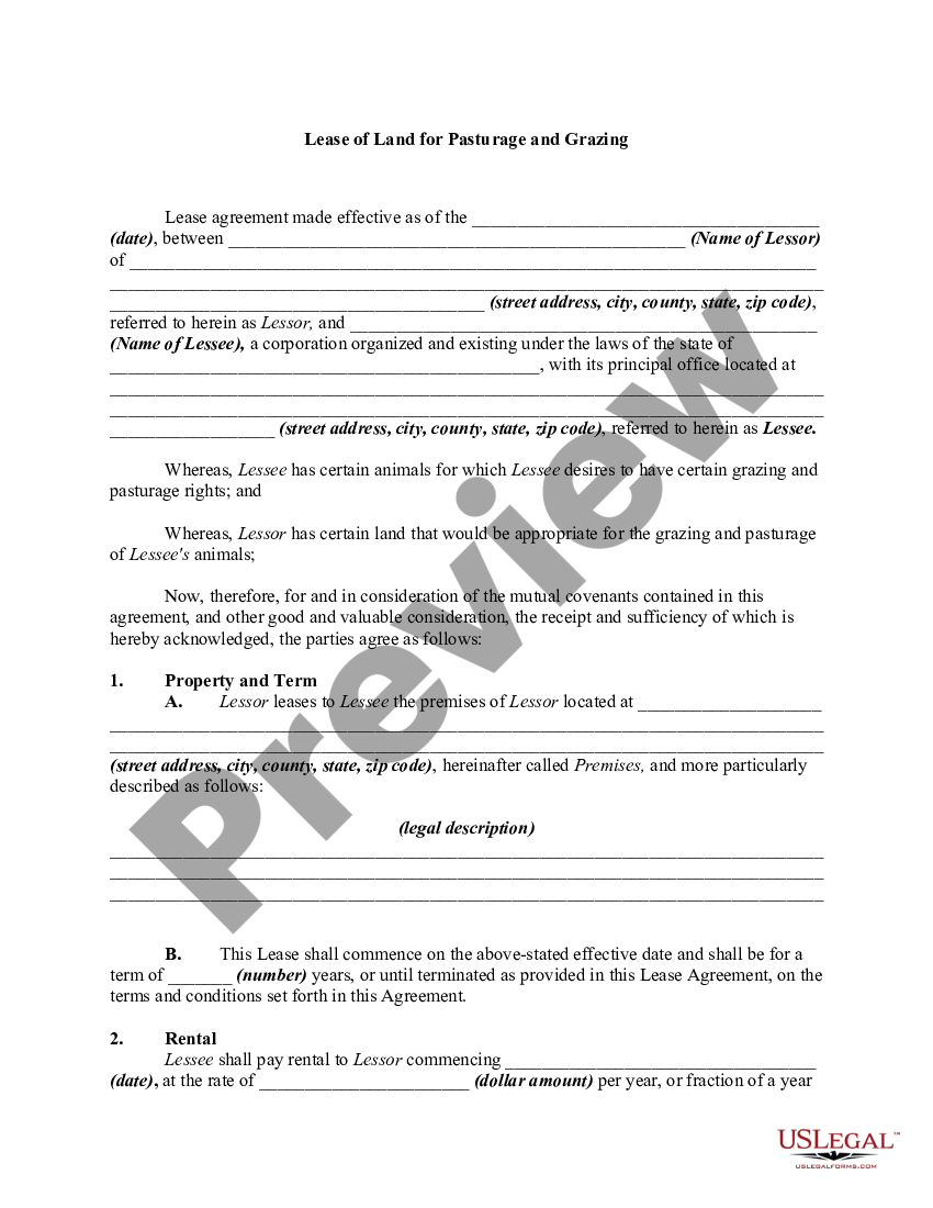 Lease of Land for Pasturage and Grazing Grazing Lease Agreement