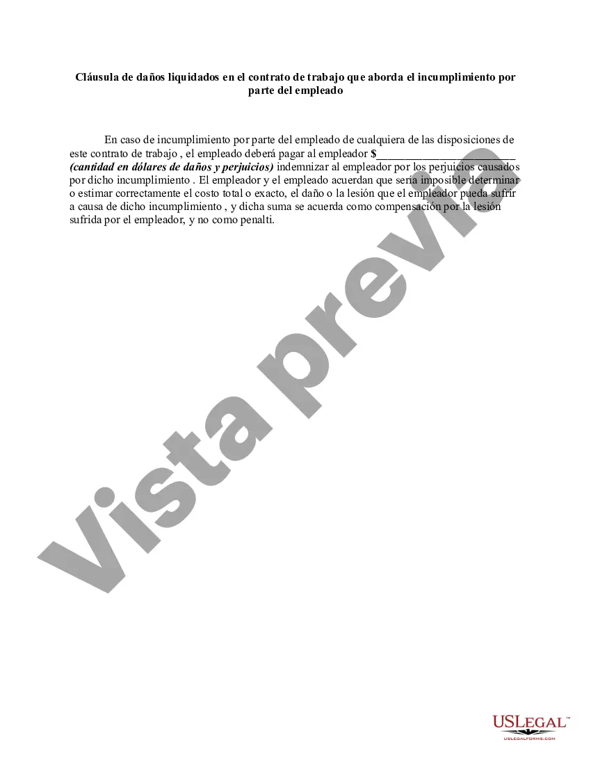 Preview Cláusula de daños liquidados en el contrato de trabajo que aborda el incumplimiento por parte del empleado