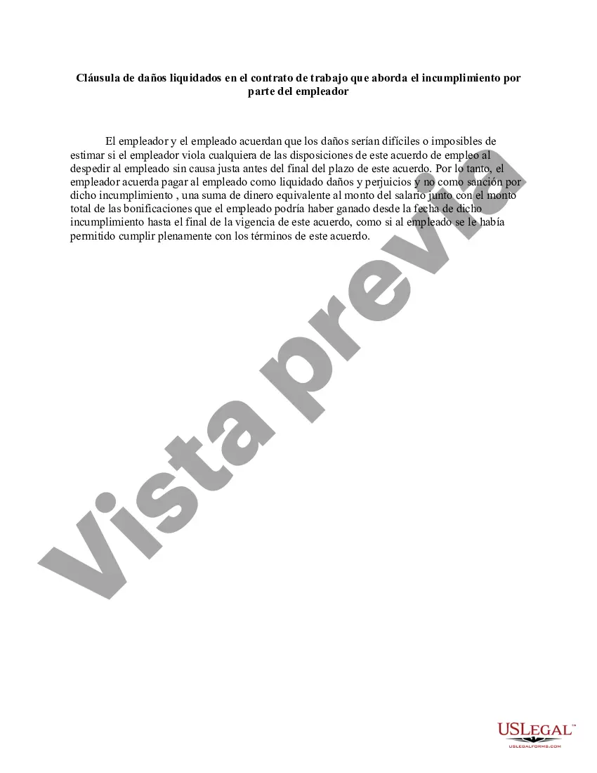 Preview Cláusula de daños liquidados en el contrato de trabajo que aborda el incumplimiento por parte del empleador