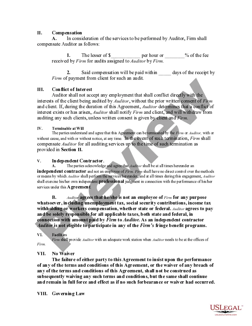 Preview Agreement by Accounting Firm to Employ Auditor as Self-Employed Independent Contractor