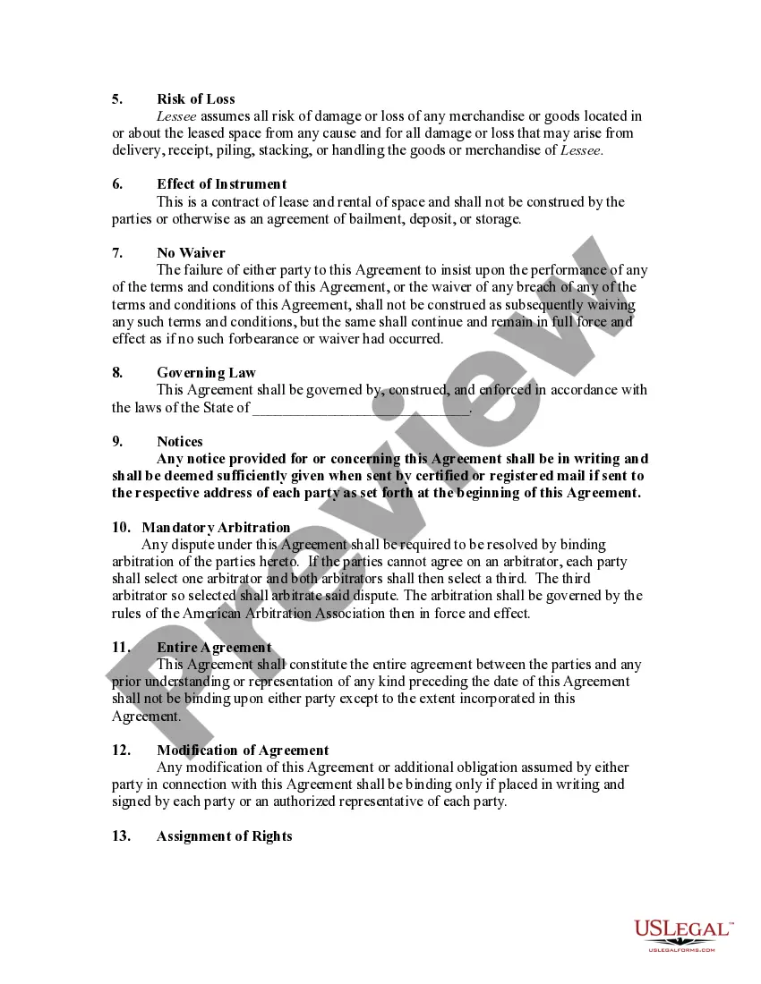 Preview Lease of Storage Space with Warehouse Company