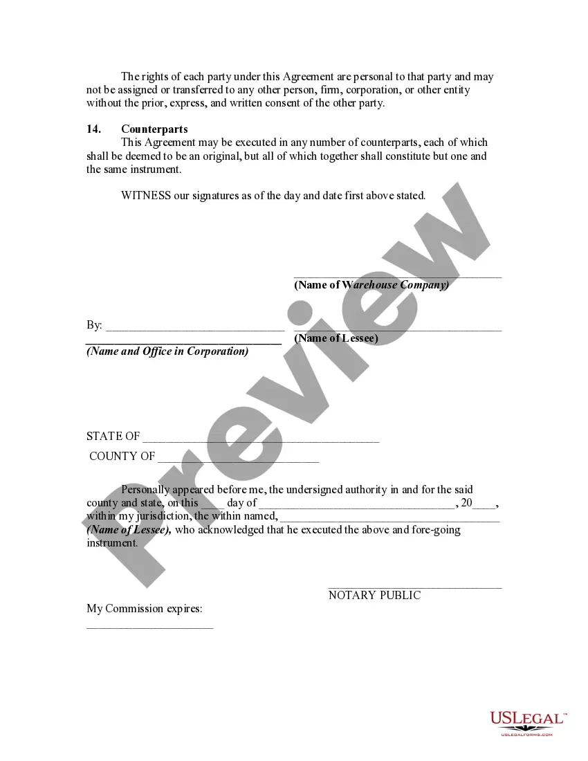 Preview Lease of Storage Space with Warehouse Company