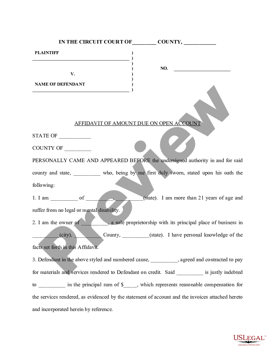 page 0 Affidavit of Amount Due on Open Account preview