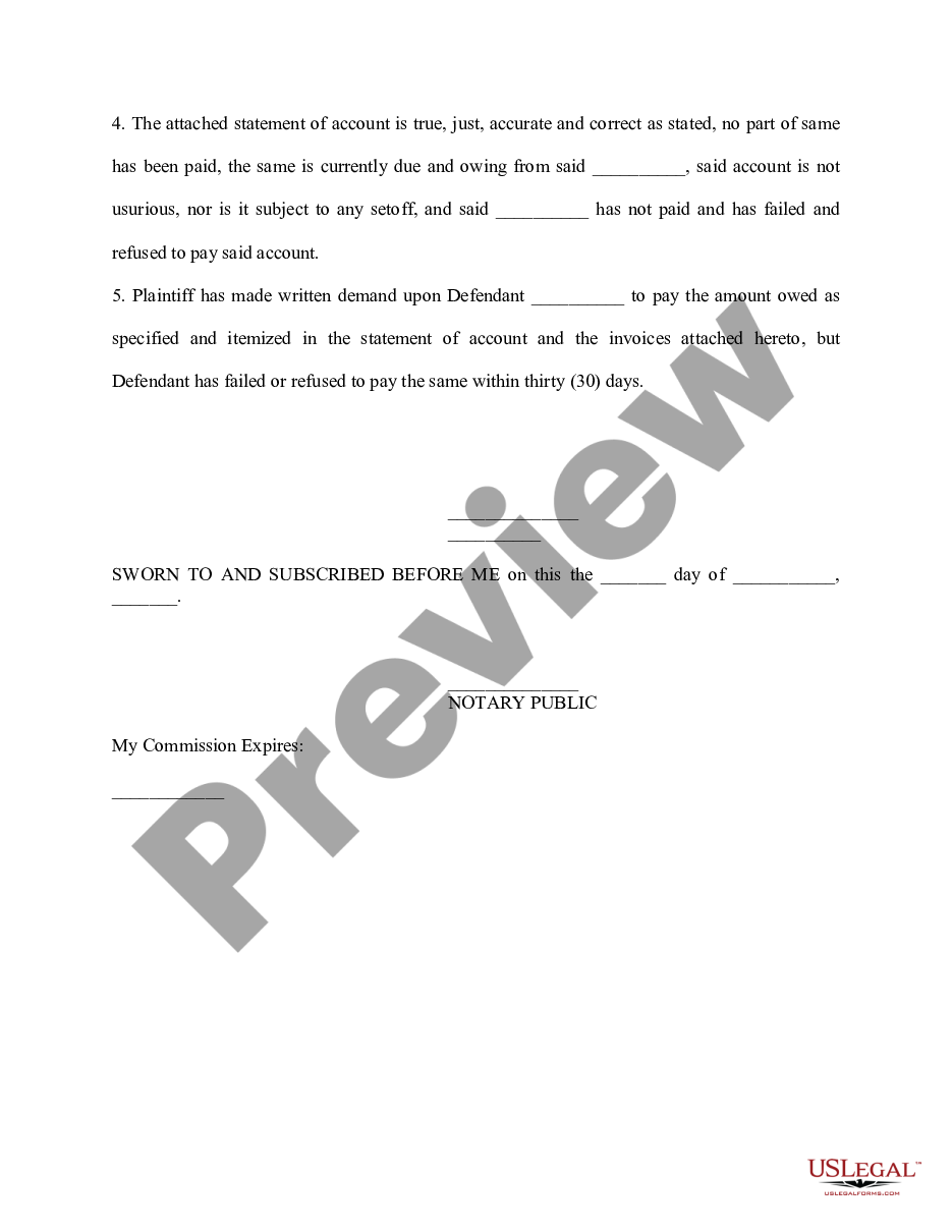 page 1 Affidavit of Amount Due on Open Account preview