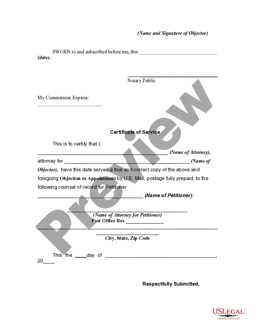 Get Objection to Appointment of Petitioner as Conservator of the Estate of an Adult Preview Objection to Appointment of Petitioner as Conservator of the Estate of an Adult