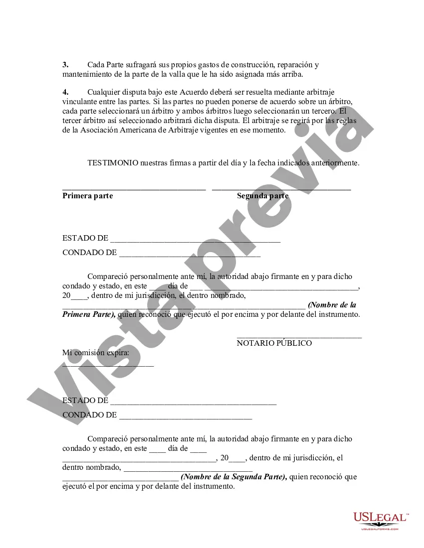 Preview Acuerdo de resolución de disputas entre propietarios colindantes con respecto a la construcción y el mantenimiento de una cerca