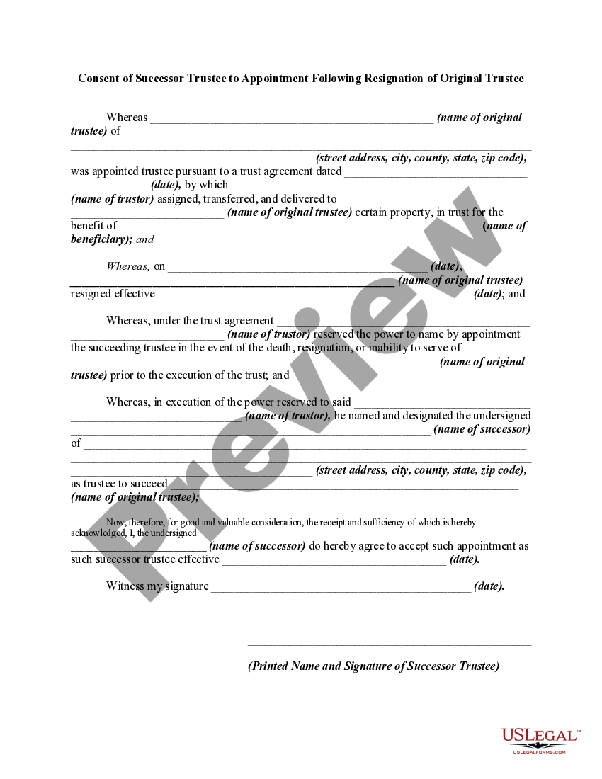 Consent of Successor Trustee to Appointment Following Resignation of
