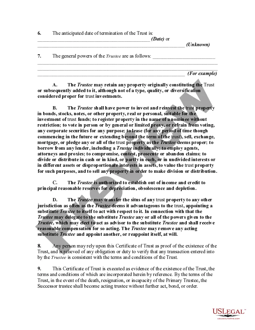 Preview Certificate of Trust with Real Property as Part of the Corpus