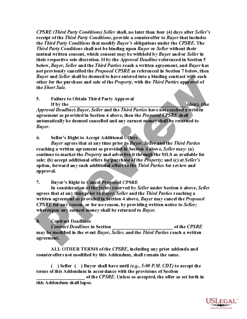 Get Short Sale Addendum to Contract for the Price, Purchase and Sale of Real Estate Preview Short Sale Addendum to Contract for the Price, Purchase and Sale of Real Estate
