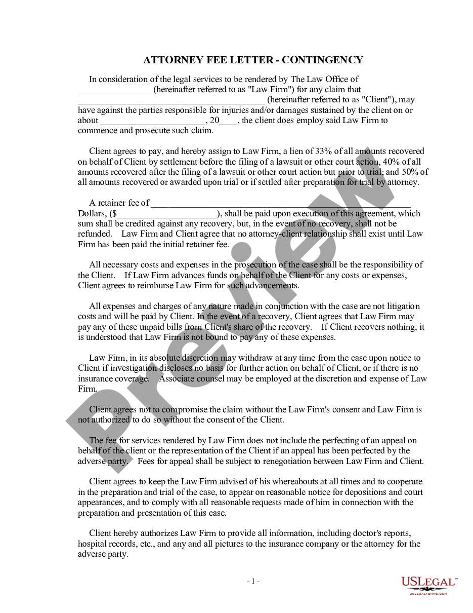 form Attorney Fee Letter - Contingency Agreement preview