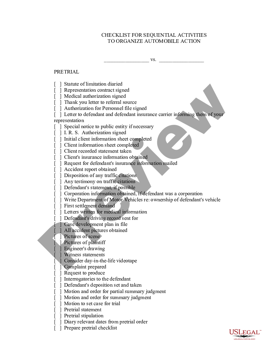 page 0 Checklist for Sequential Activities to Organize Automobile Action preview