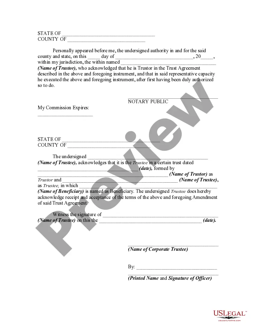 Get Amendment to Trust Agreement in Order to Add Property from Inter Vivos Trust and Consent of Trustee Preview Amendment to Trust Agreement in Order to Add Property from Inter Vivos Trust and Consent of Trustee