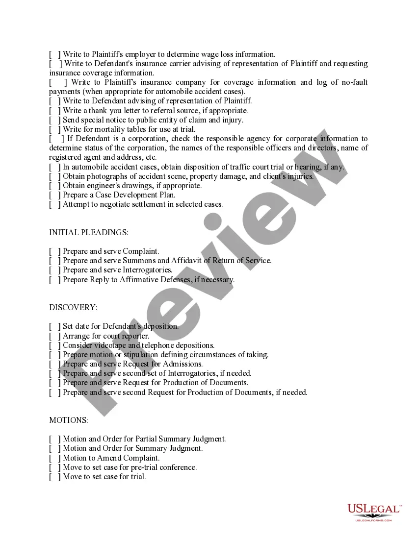 Preview Checklist of Sequential Activities to Organize Plaintiff Action