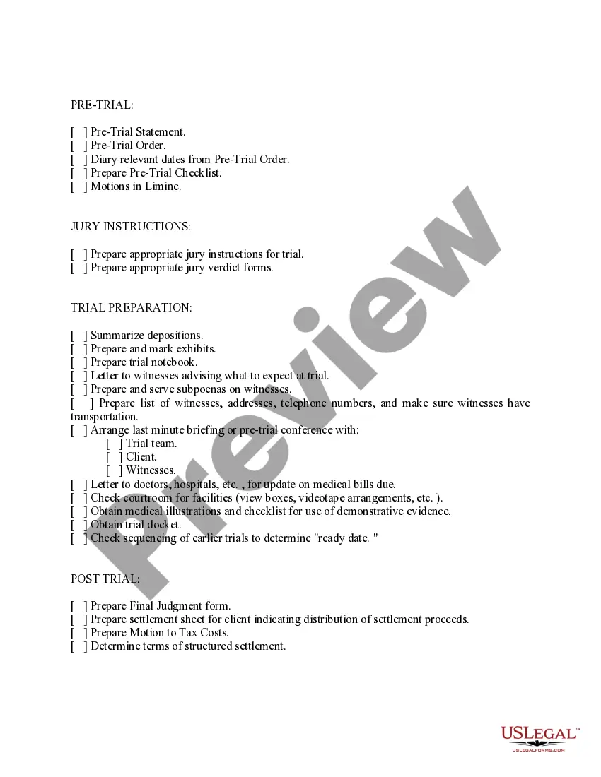 Preview Checklist of Sequential Activities to Organize Plaintiff Action