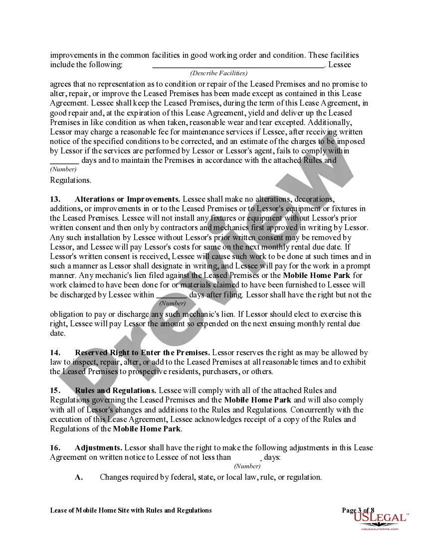 Get Lease of Mobile Home Site with Rules and Regulations Preview Lease of Mobile Home Site with Rules and Regulations